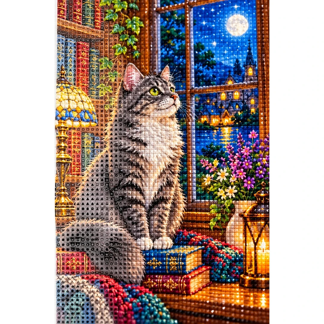 Gray Cat Cozy Library Window Diamond Painting Kit — canvas and drill material detail