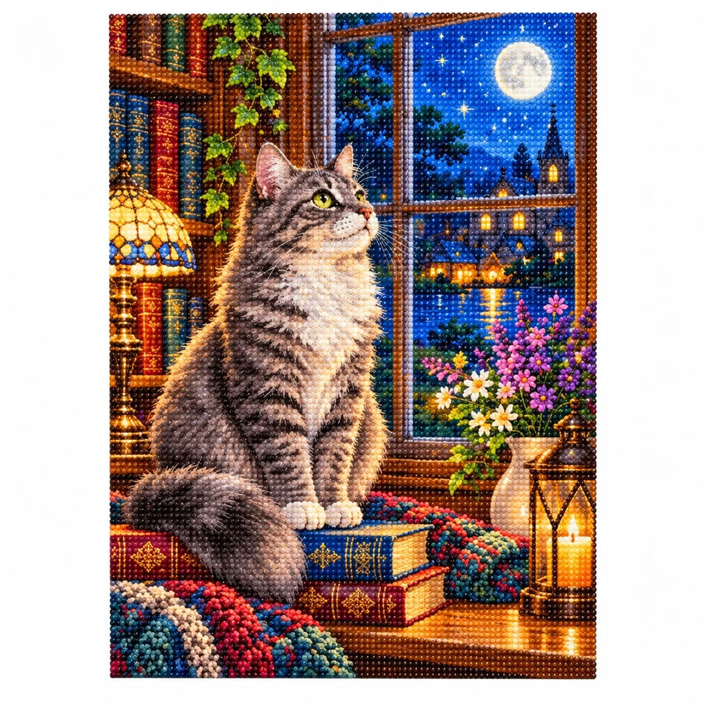 Gray Cat Cozy Library Window Diamond Painting Kit — finished diamond painting on white background