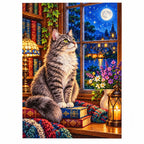 Gray Cat Cozy Library Window Diamond Painting Kit — finished diamond painting on white background