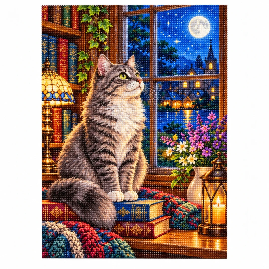 Gray Cat Cozy Library Window Diamond Painting Kit — finished diamond painting on white background