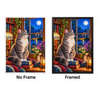 Gray Cat Cozy Library Window Diamond Painting Kit — No Frame and Framed style comparison
