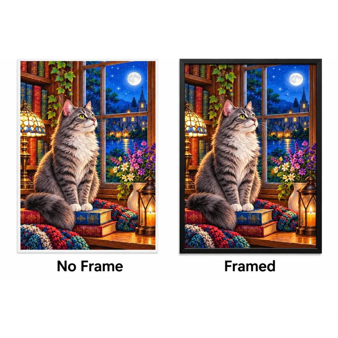 Gray Cat Cozy Library Window Diamond Painting Kit — No Frame and Framed style comparison