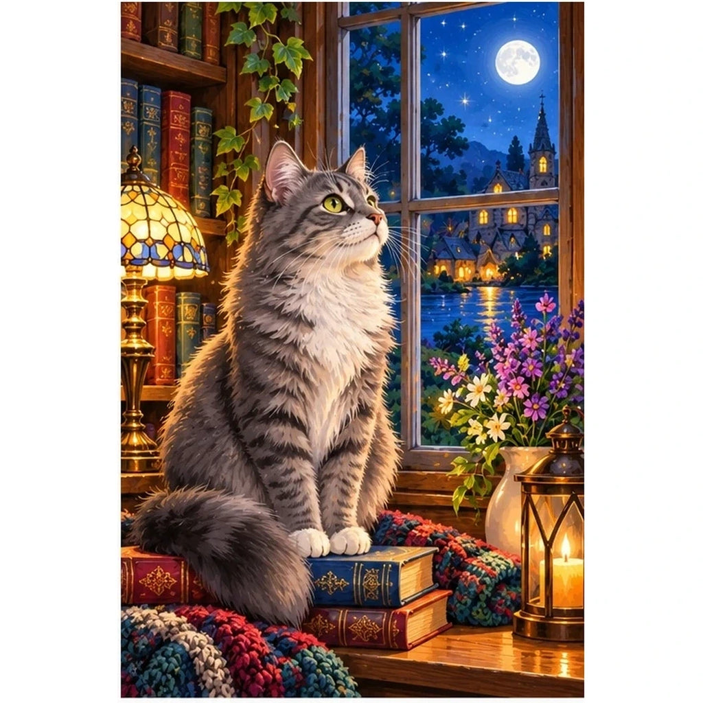 Gray Cat Cozy Library Window Diamond Painting Kit — original white-background artwork
