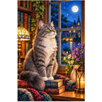 Gray Cat Cozy Library Window Diamond Painting Kit — original white-background artwork