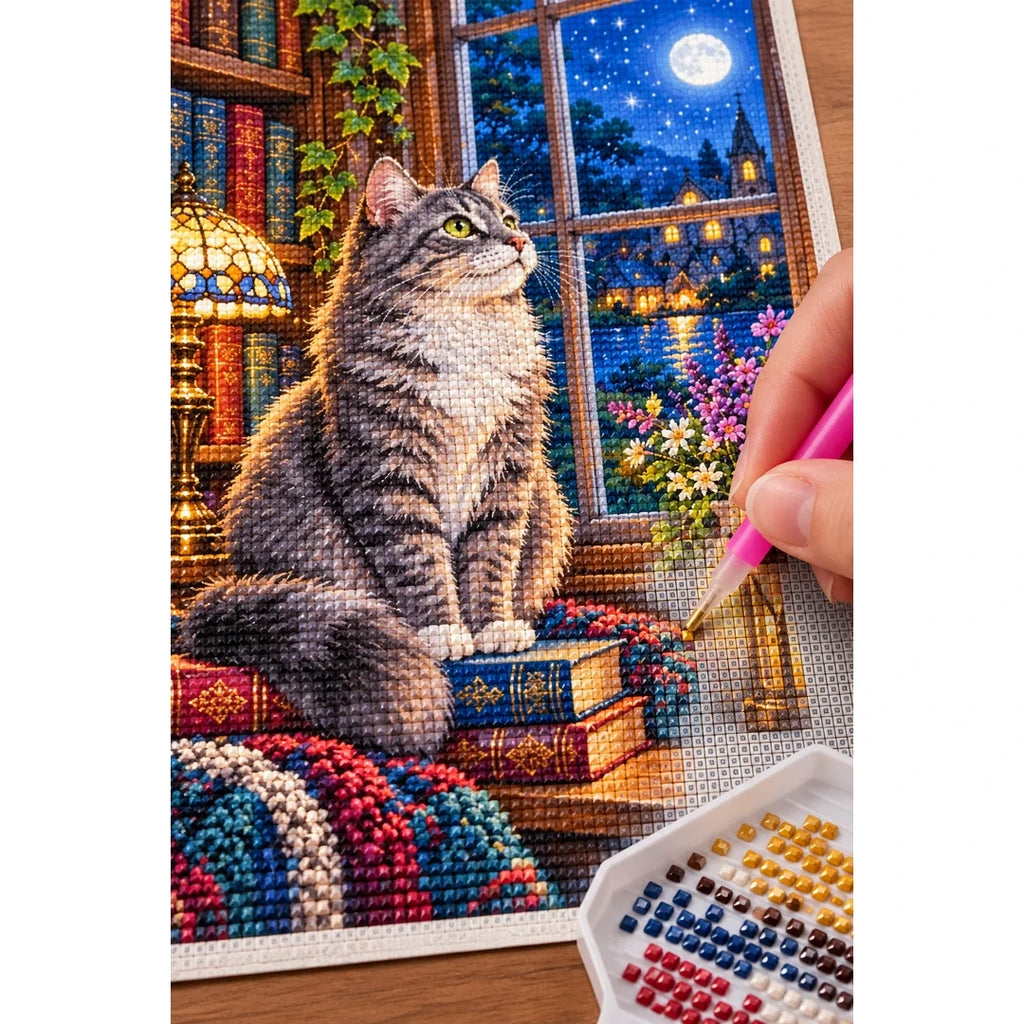 Gray Cat Cozy Library Window Diamond Painting Kit — diamond painting application process