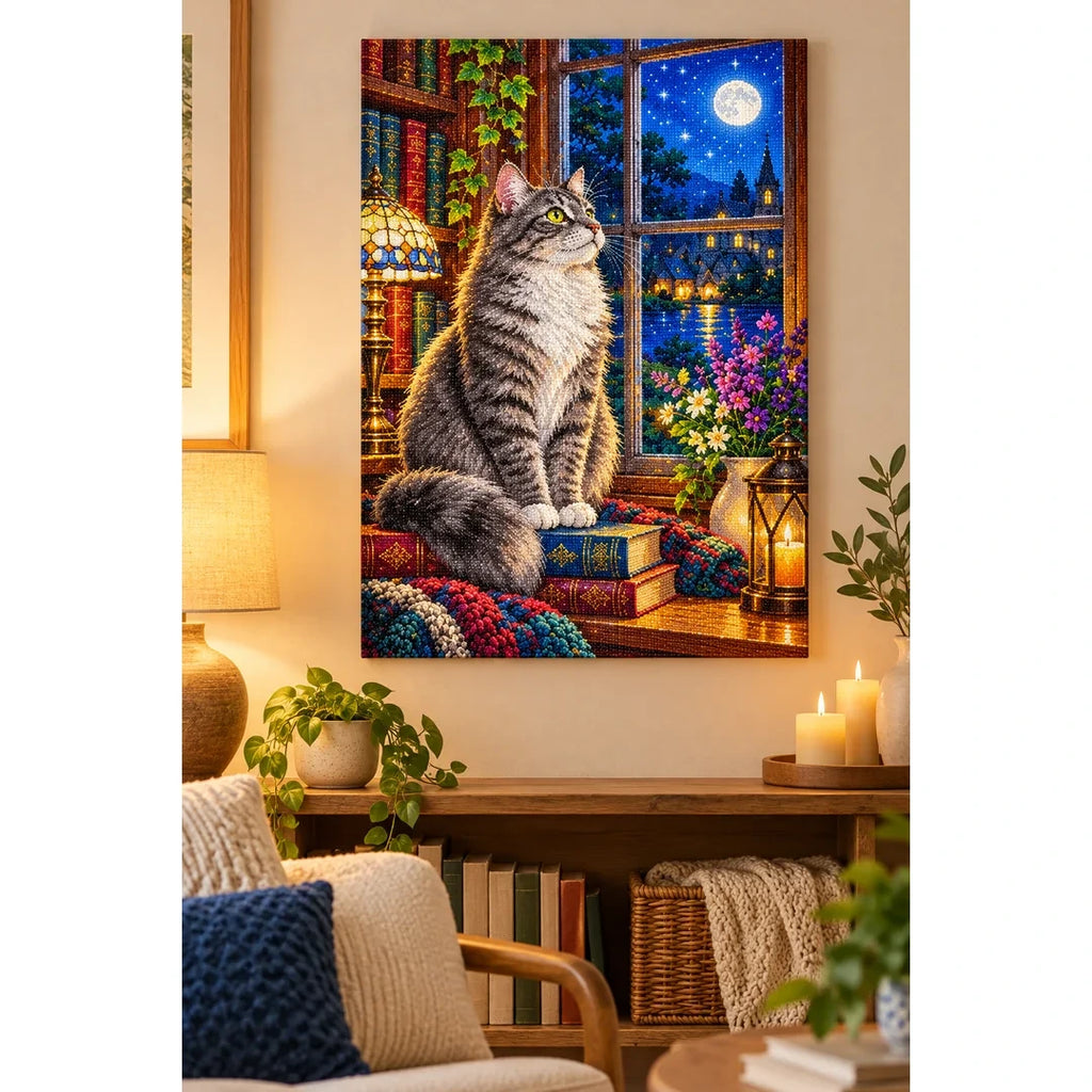 Gray Cat Cozy Library Window Diamond Painting Kit — finished diamond painting in a home setting