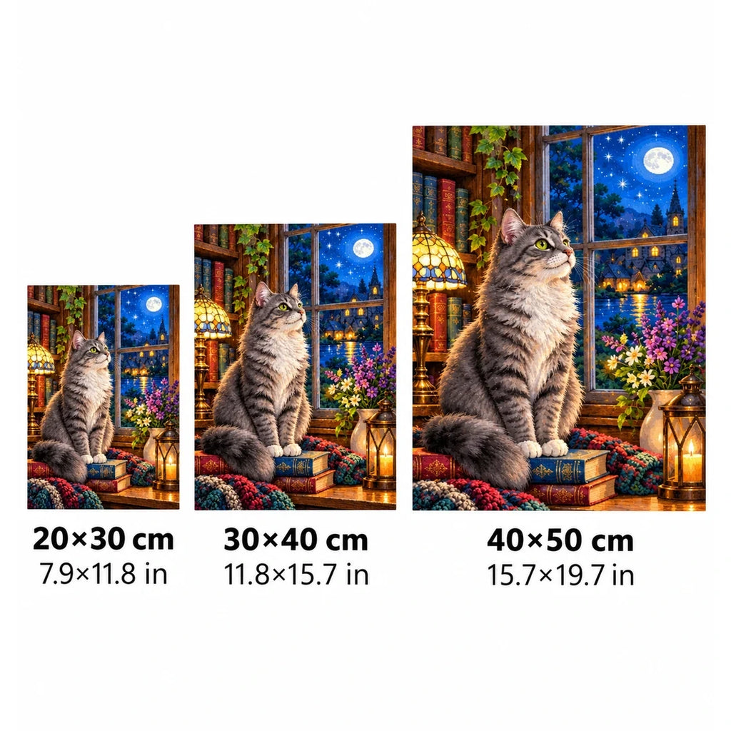 Gray Cat Cozy Library Window Diamond Painting Kit — 20 by 30, 30 by 40, and 40 by 50 centimeter size guide