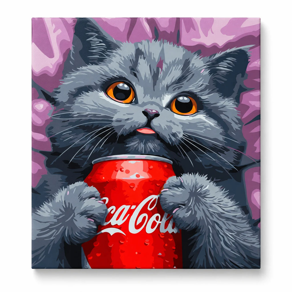 Gray Cat with a Red Soda Can paint by numbers artwork on a front-facing canvas against a white background