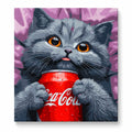 Gray Cat with a Red Soda Can paint by numbers artwork on a front-facing canvas against a white background