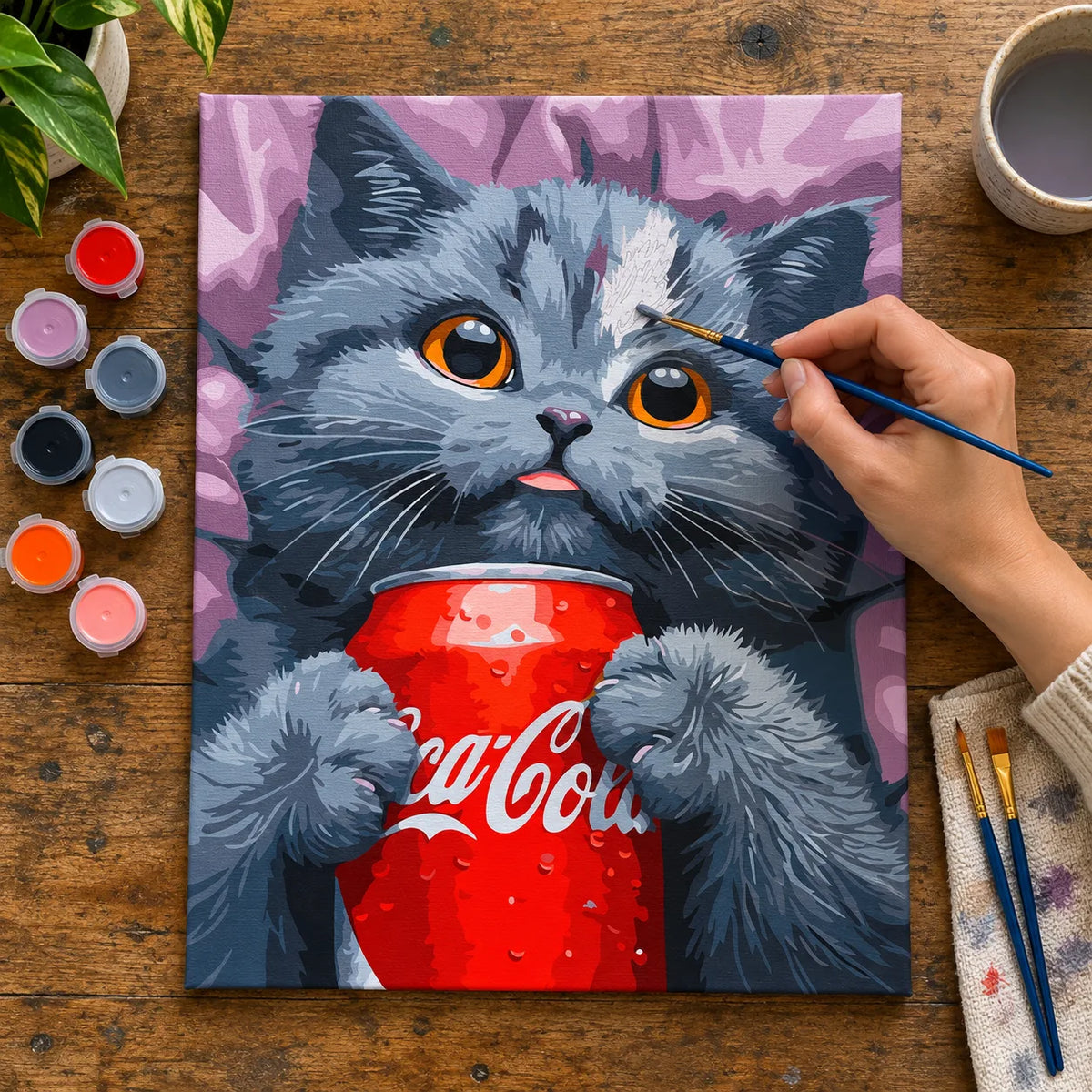Complete Gray Cat with a Red Soda Can numbered canvas being painted with acrylic paints and brushes