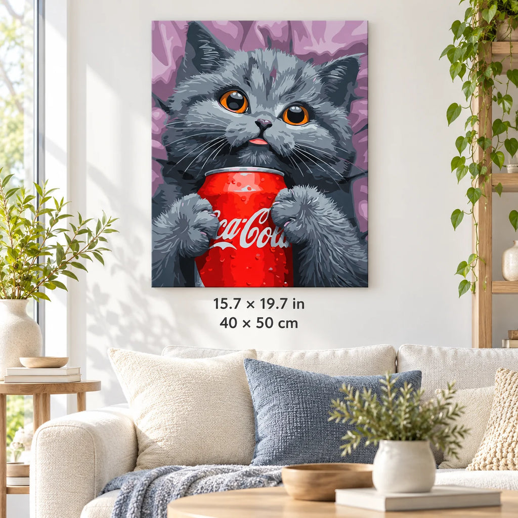 Gray Cat with a Red Soda Can shown in a styled room with 15.7 × 19.7 in and 40 × 50 cm dimensions