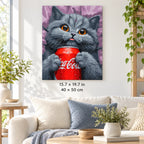 Gray Cat with a Red Soda Can shown in a styled room with 15.7 × 19.7 in and 40 × 50 cm dimensions