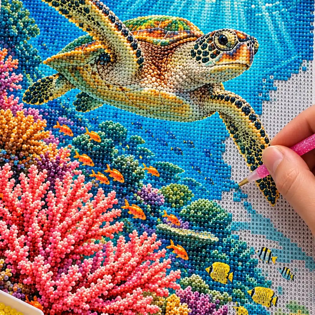 Hands placing diamond drills on the Great Barrier Reef Turtle design.