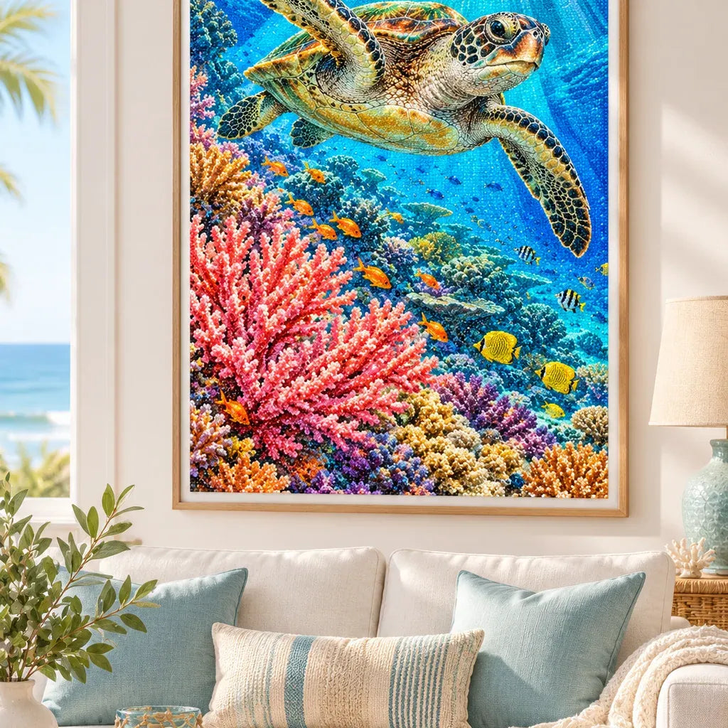 Framed Great Barrier Reef Turtle diamond painting displayed as home decor.