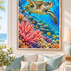 Framed Great Barrier Reef Turtle diamond painting displayed as home decor.