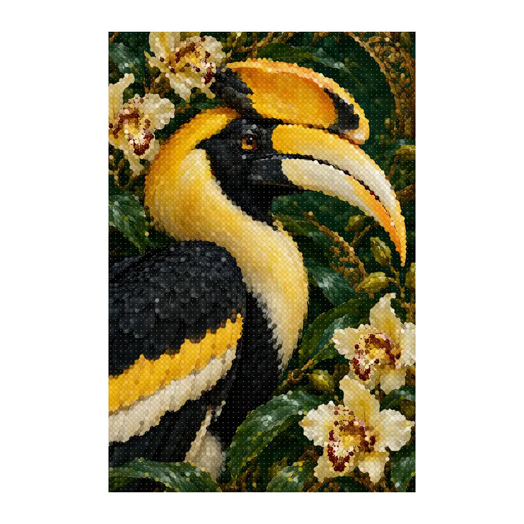White-background finished diamond painting of a great hornbill portrait with orchids and foliage