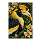 White-background finished diamond painting of a great hornbill portrait with orchids and foliage