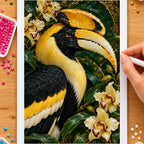 Hands placing drills on the great hornbill and orchid diamond painting canvas