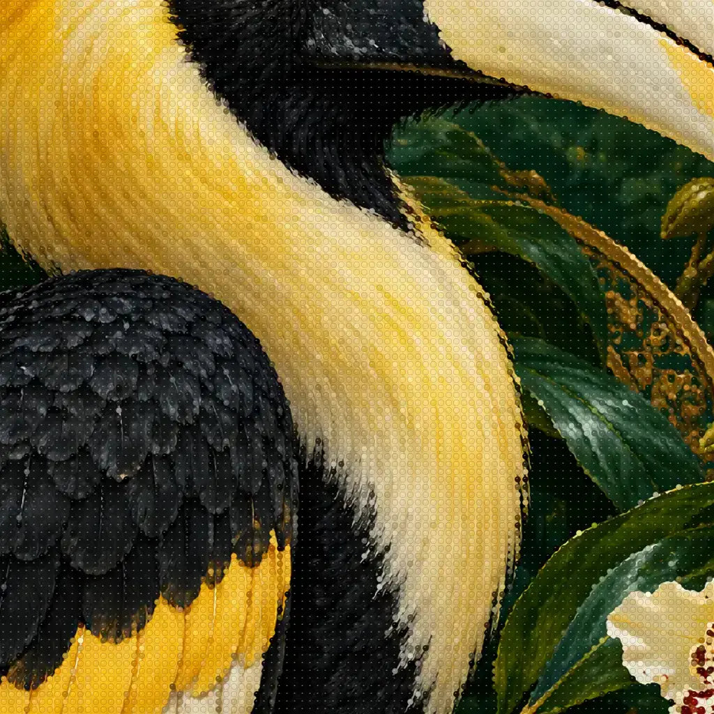 Close-up diamond detail of the hornbill's curved bill and tropical feathers