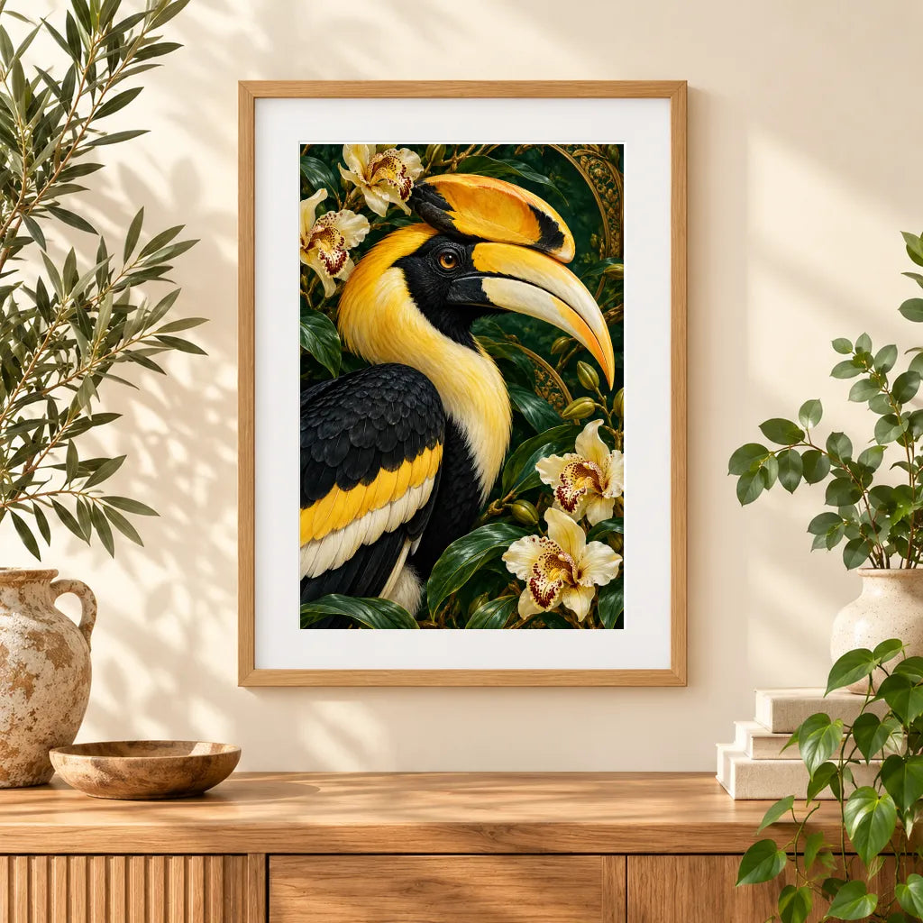 Framed home display of the great hornbill orchid diamond painting