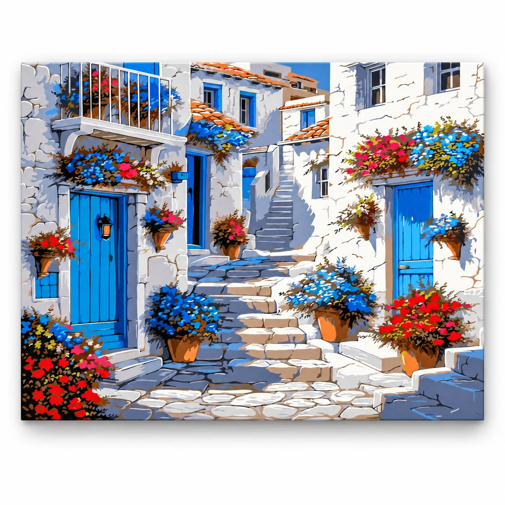 Greek Blue Door Village paint by numbers artwork on a front-facing canvas against a white background