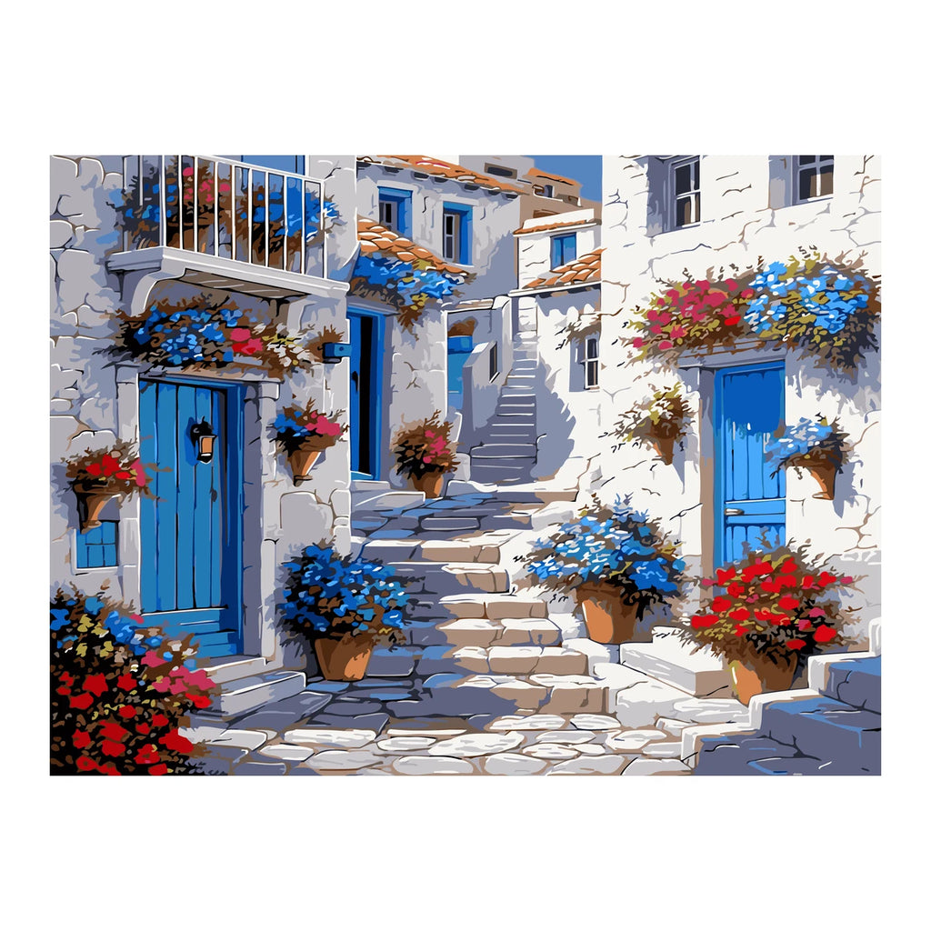 Greek Blue Door Village completed artwork on a clean white background