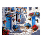 Greek Blue Door Village completed artwork on a clean white background