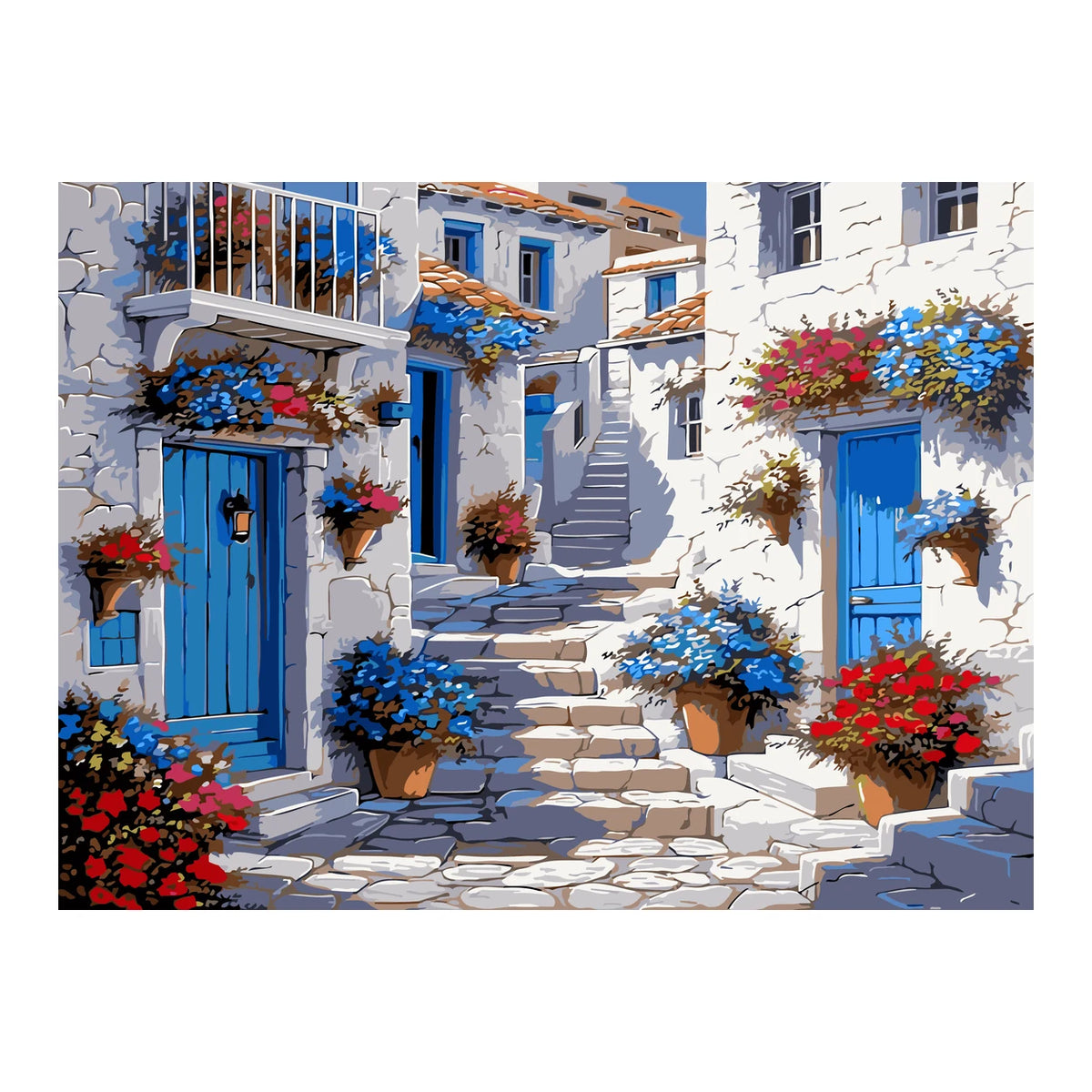 Greek Blue Door Village completed artwork on a clean white background