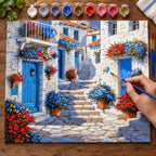 Complete Greek Blue Door Village numbered canvas being painted with acrylic paints and brushes