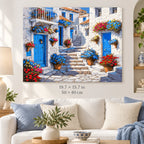 Greek Blue Door Village shown in a styled room with 19.7 × 15.7 in and 50 × 40 cm dimensions
