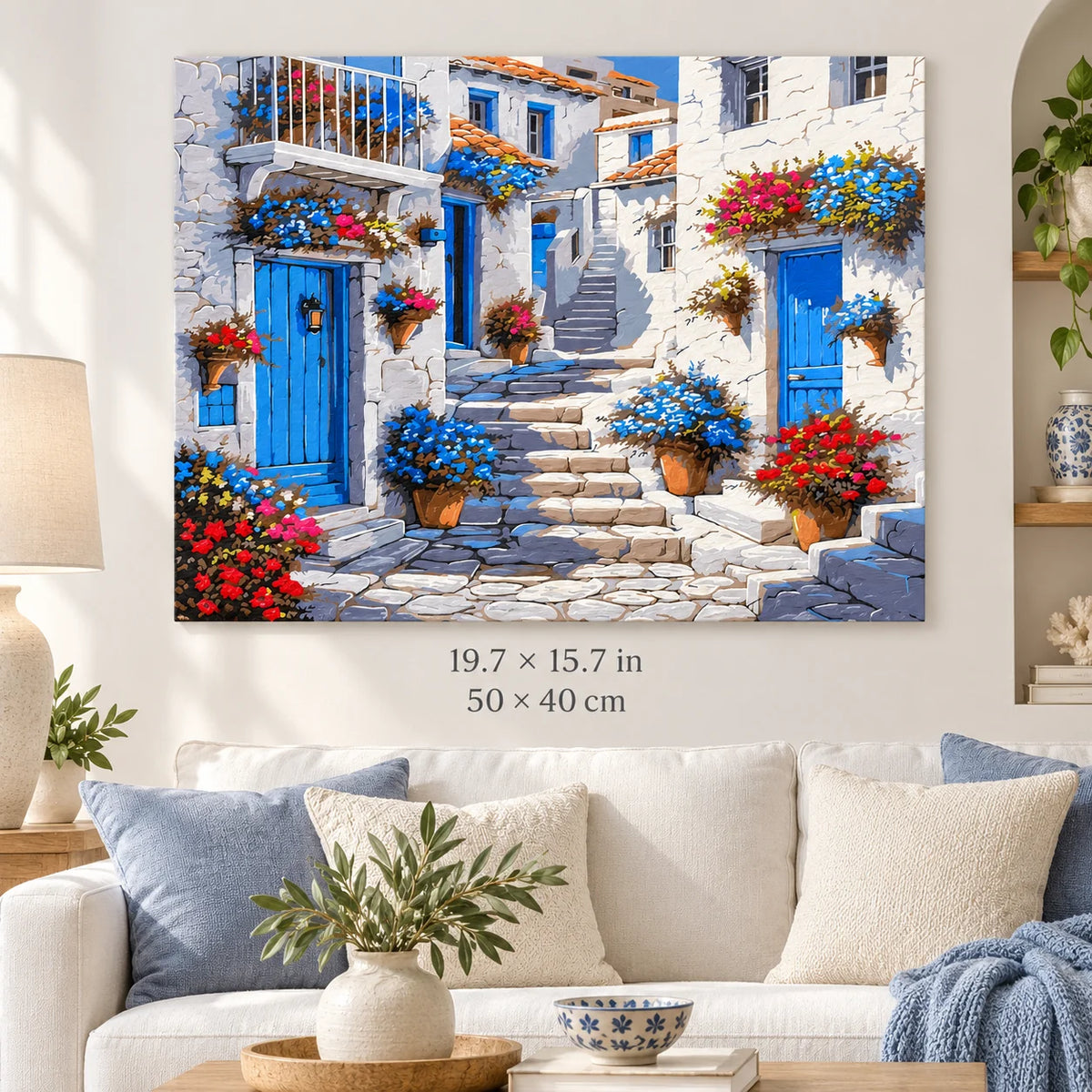Greek Blue Door Village shown in a styled room with 19.7 × 15.7 in and 50 × 40 cm dimensions