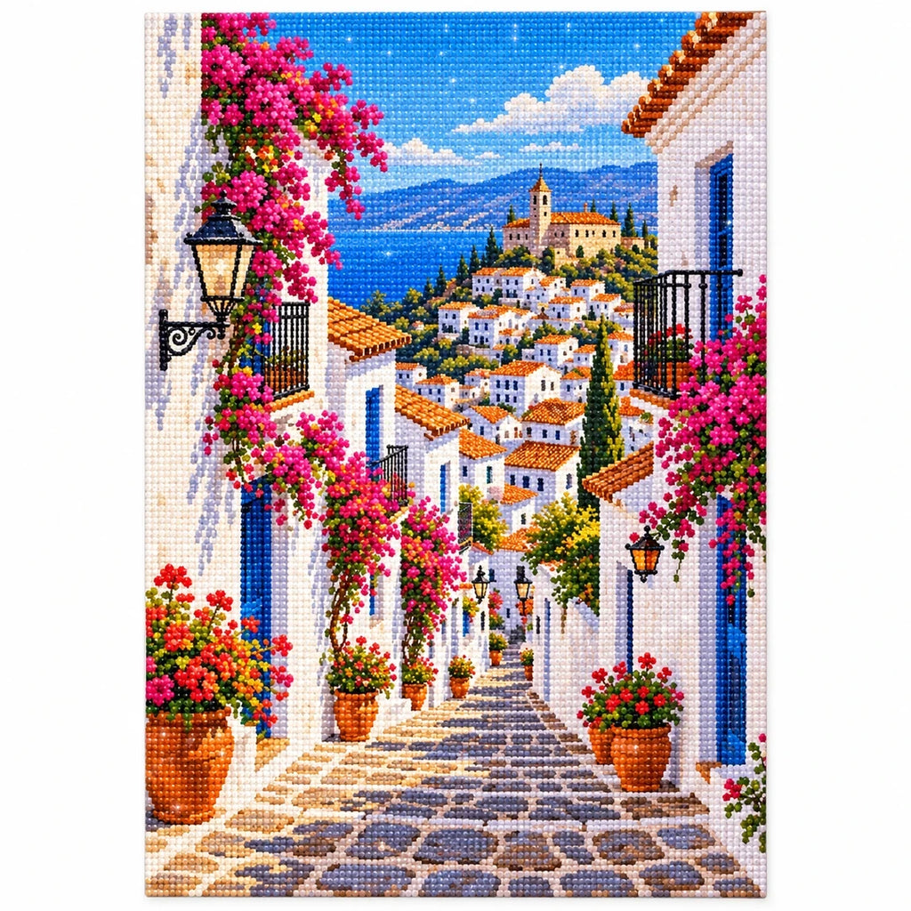 Greek Island Bougainvillea Steps finished diamond artwork on white background