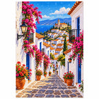 Greek Island Bougainvillea Steps finished diamond artwork on white background