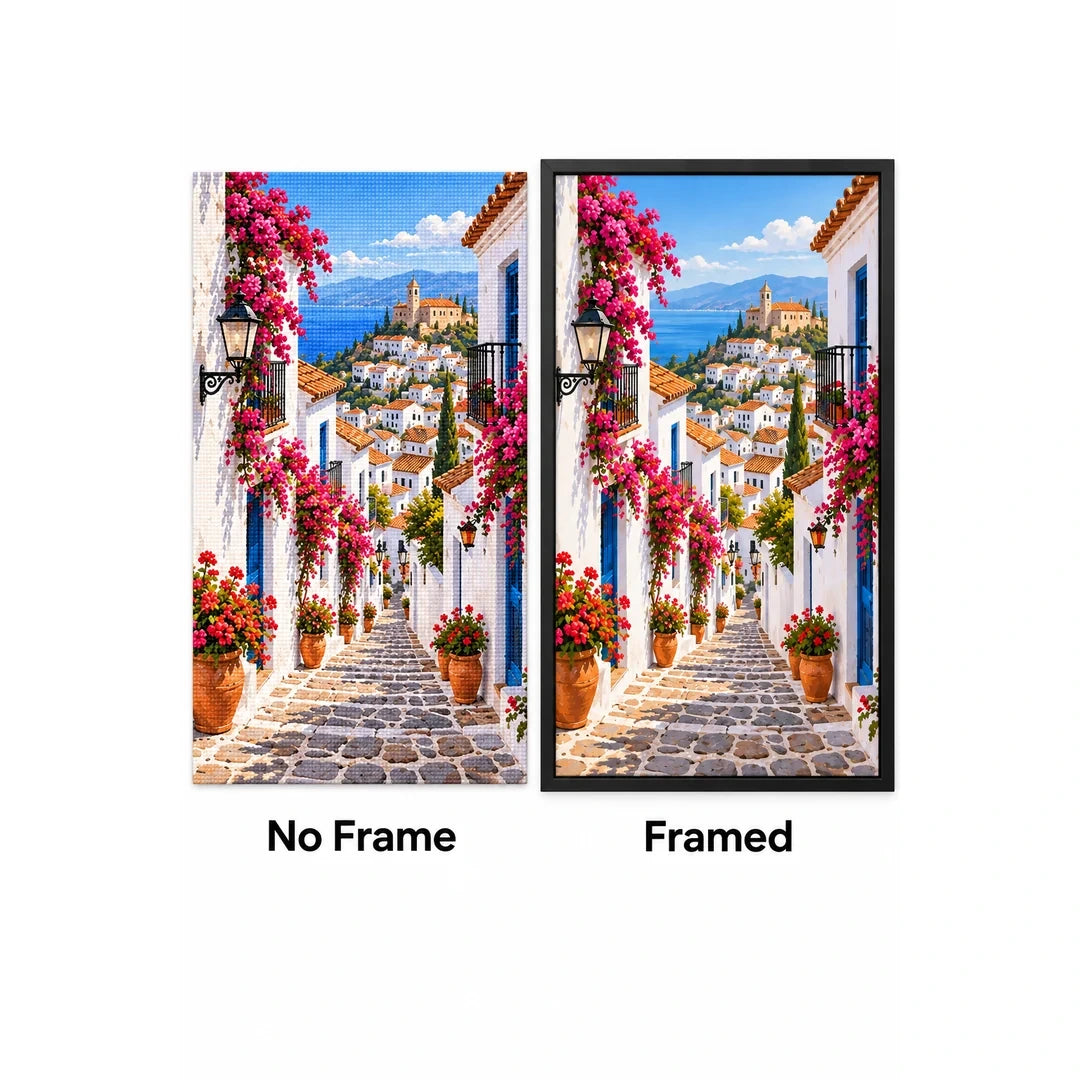 Greek Island Bougainvillea Steps No Frame and Framed comparison