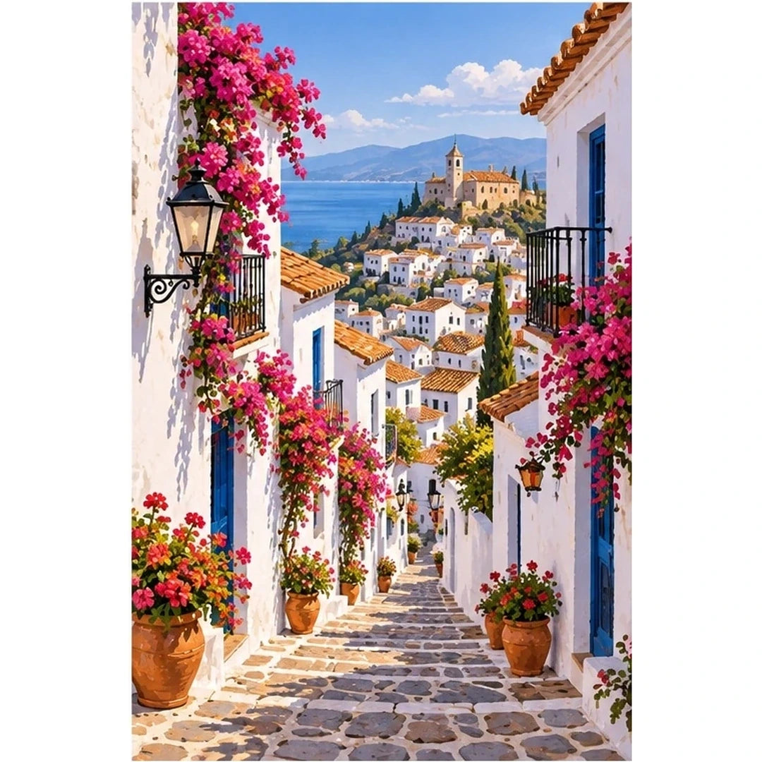 Greek Island Bougainvillea Steps original artwork on white background