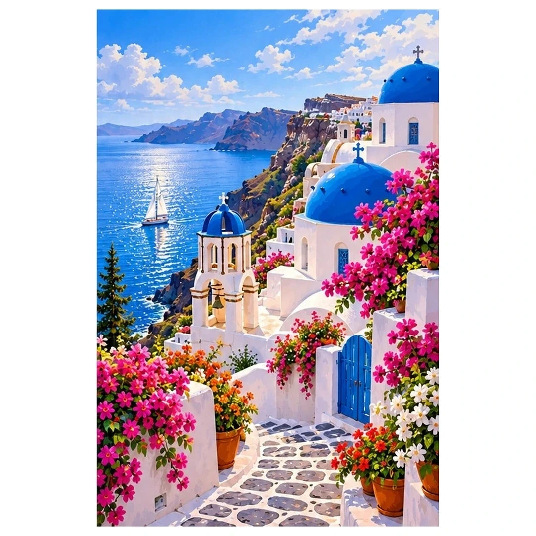 Greek Island Flower Stairway original artwork on white