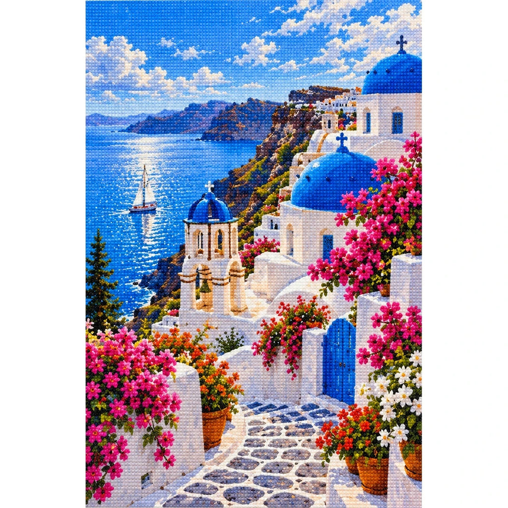 Greek Island Flower Stairway finished diamond painting on white