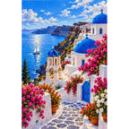 Greek Island Flower Stairway finished diamond painting on white