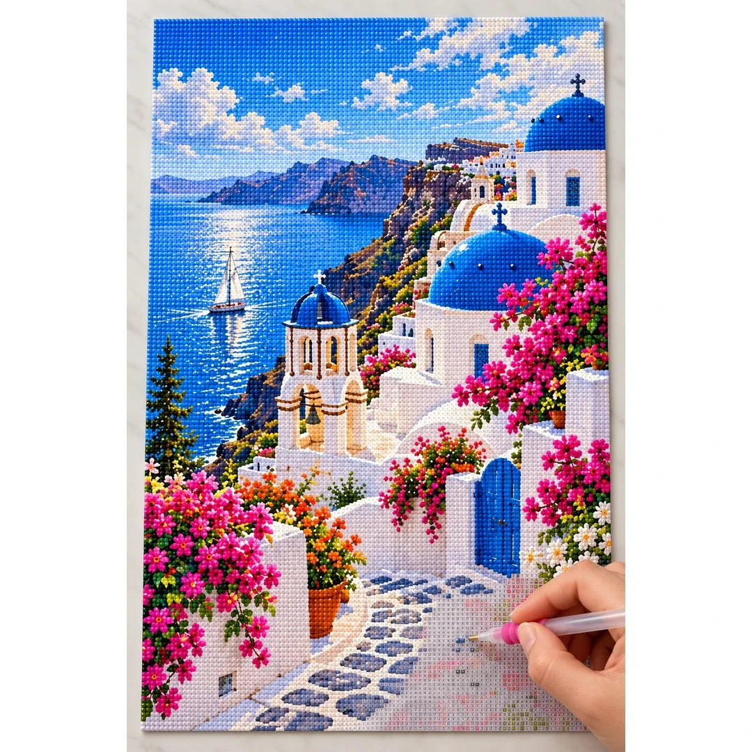 Greek Island Flower Stairway diamond painting process