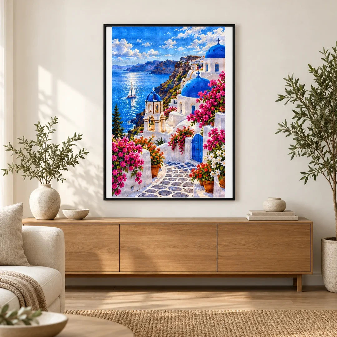 Greek Island Flower Stairway finished artwork in home décor