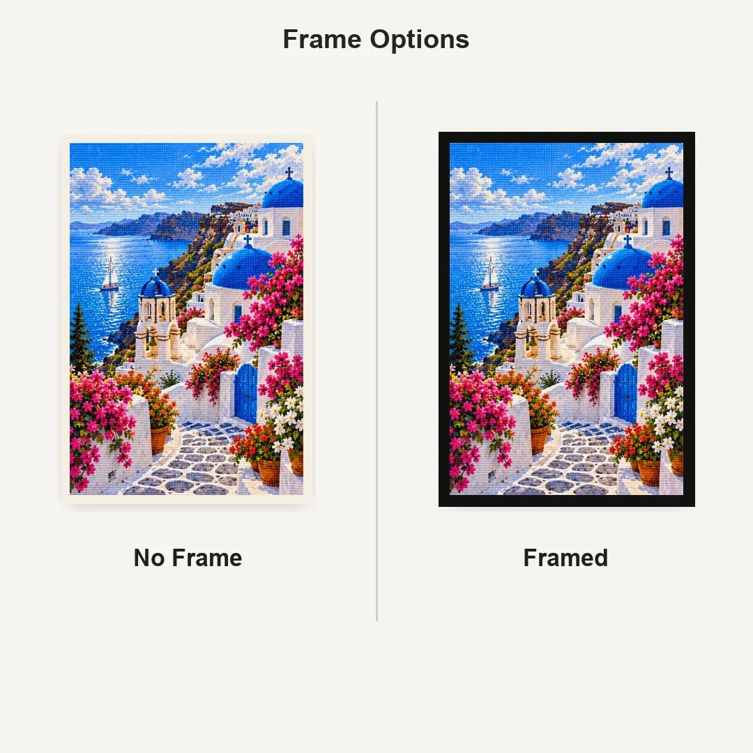Greek Island Flower Stairway No Frame and Framed comparison