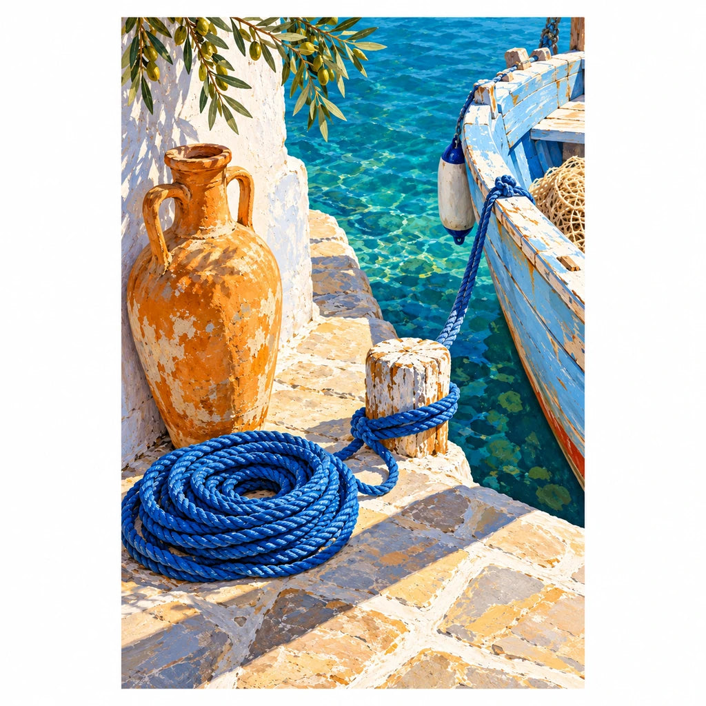 Original design: a terracotta amphora and coiled blue rope beside a whitewashed Greek quay and boat, on a white background.