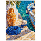Finished diamond painting of a terracotta amphora and coiled blue rope beside a Greek quay, shown on a white background.