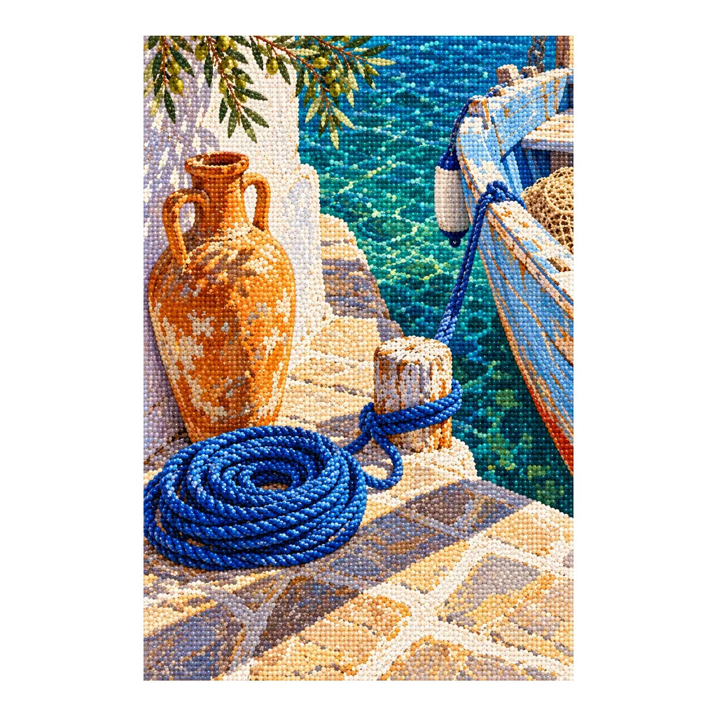 Finished diamond painting of a terracotta amphora and coiled blue rope beside a Greek quay, shown on a white background.