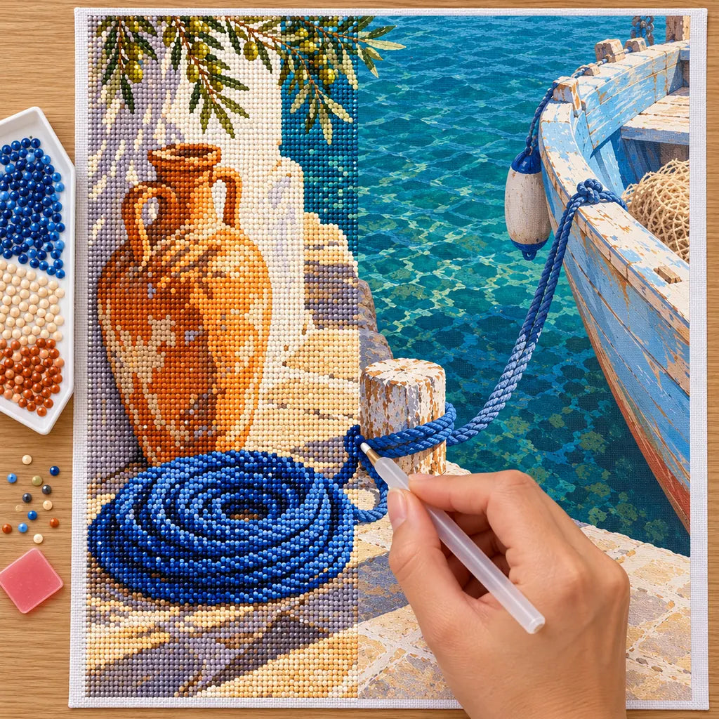 Hand placing diamond drills on the Greek quay amphora and blue rope diamond painting canvas.