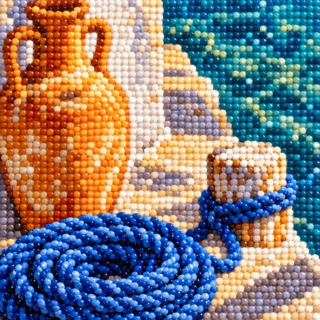 Close-up of sparkling diamond drills forming the amphora and blue mooring rope.
