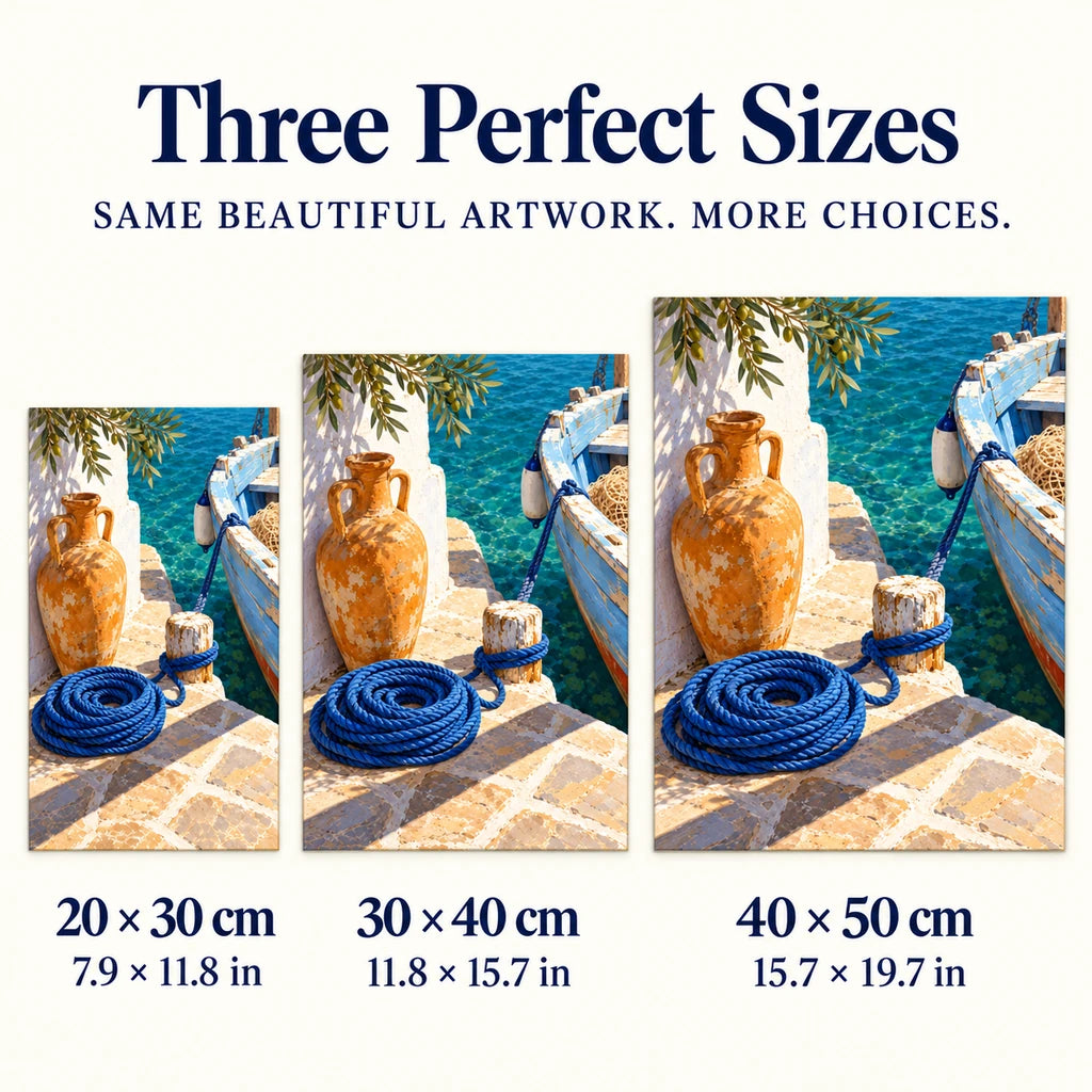 Greek quay amphora and blue rope diamond painting shown in 20 × 30, 30 × 40, and 40 × 50 cm sizes.
