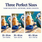 Greek quay amphora and blue rope diamond painting shown in 20 × 30, 30 × 40, and 40 × 50 cm sizes.