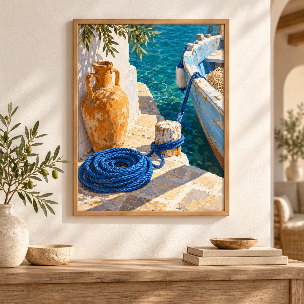 Framed Greek quay amphora and blue rope diamond painting displayed in a bright home interior.