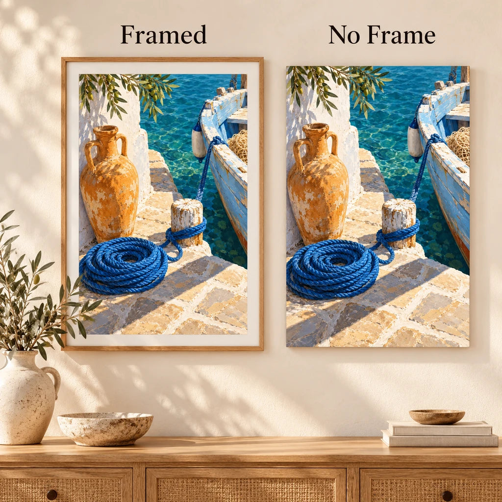 Framed and no-frame style comparison for the Greek quay amphora and blue rope diamond painting.